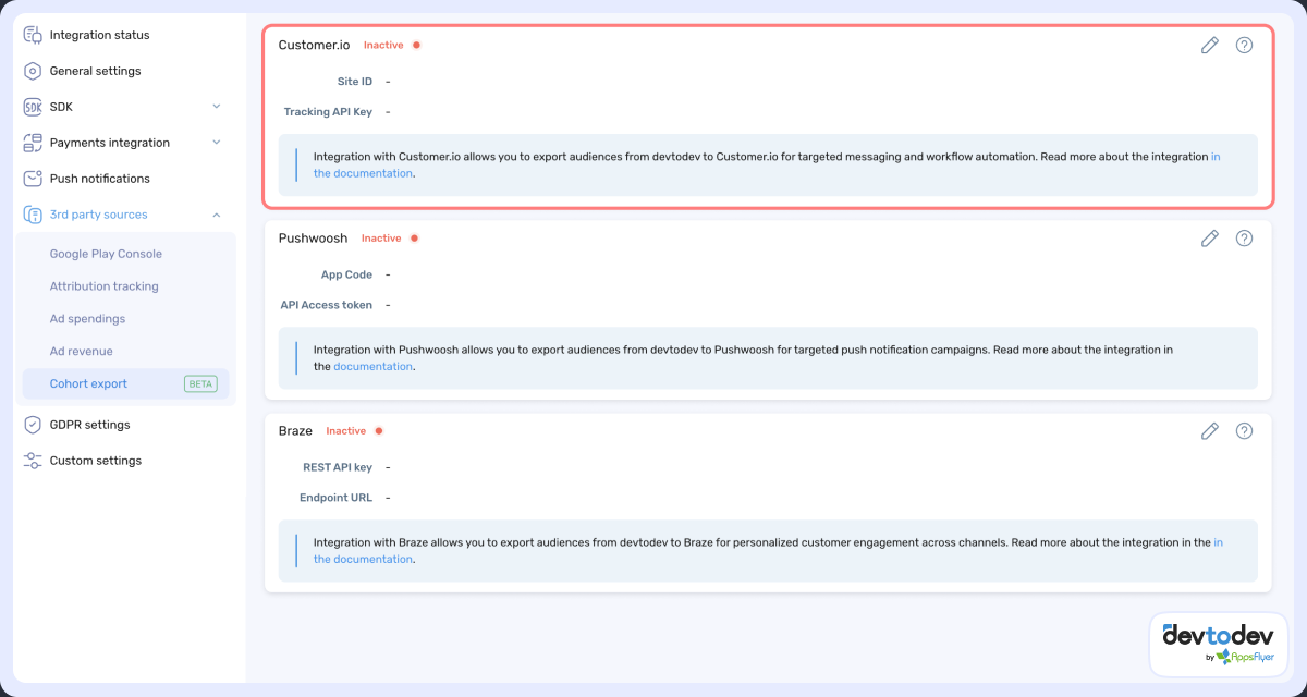 Customer.io integration settings