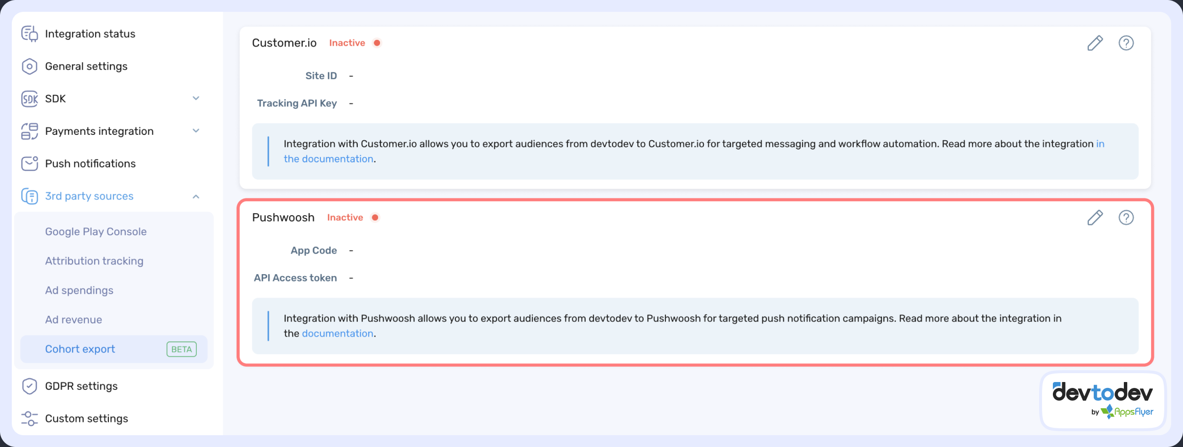 Pushwoosh integration settings